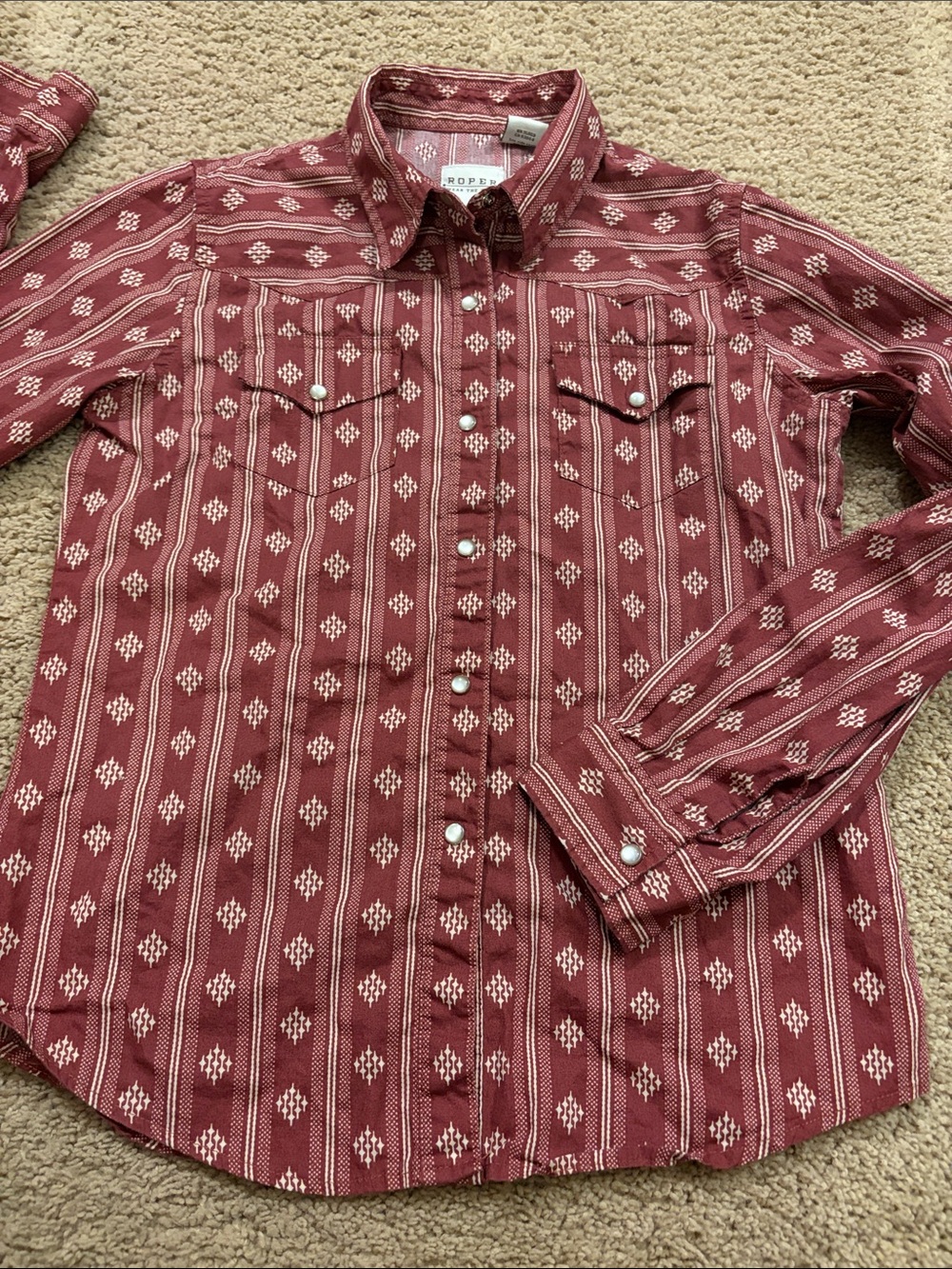 Roper Pearl Snap Western Long Sleeve Rust Cream 100% Cotton Boys L (10-12)